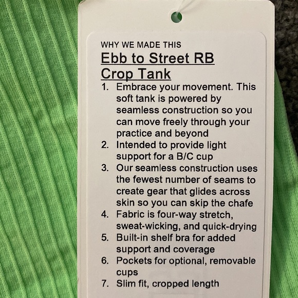 ❤️ Lululemon Ebb to Street RB Crop Tank Scream Green NWT - Picture 3 of 7